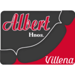 Logotipo de la carnicería hermanos albert de Villena, que tiene una especie de longaniza en color marrón sobre fondo rojo. REDES SOCIALES Y BLOG EN VILLENA ALICANTE - Fran Bravo gestion de presencia en internet